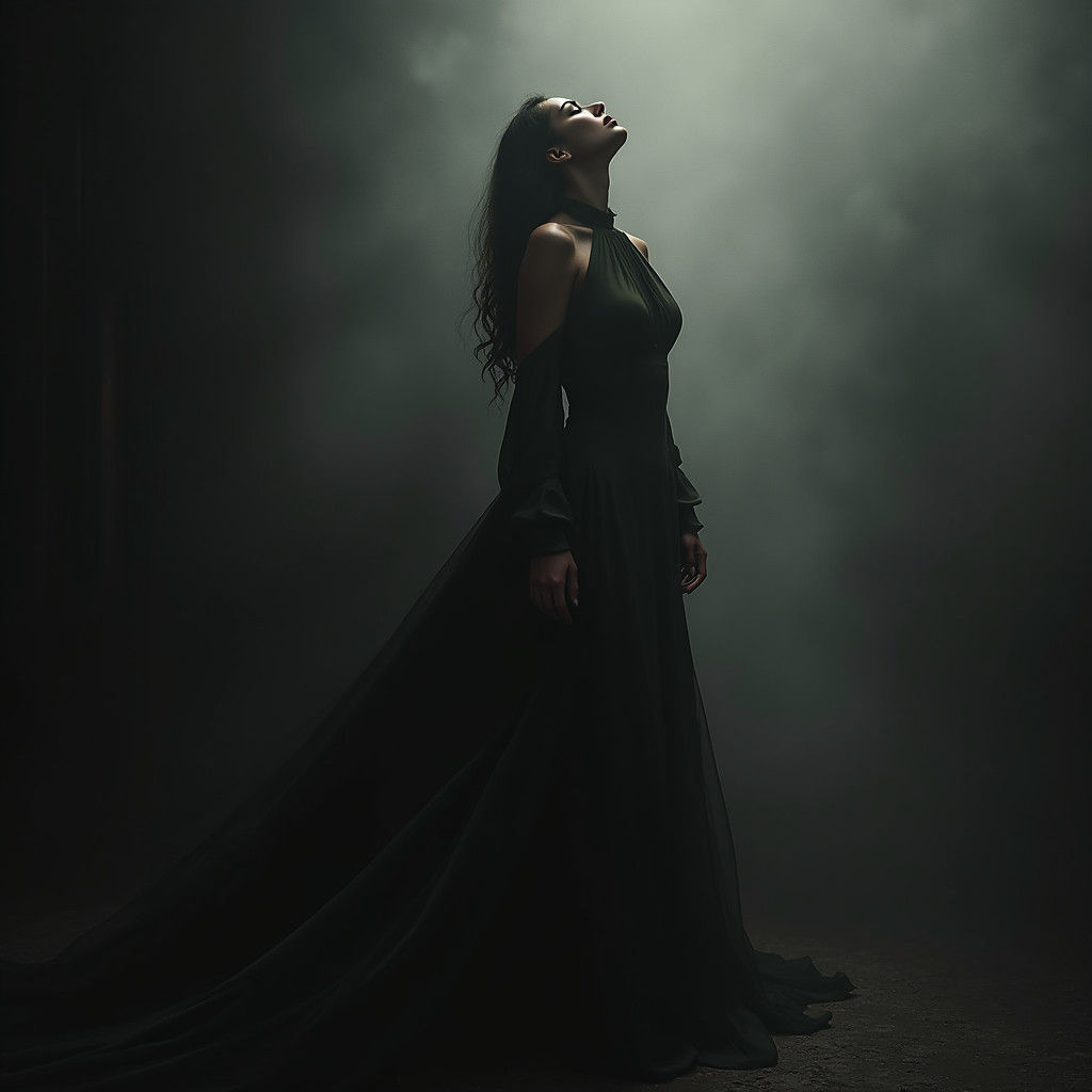 A woman is bathing in shadows. Shadowy. Grayscale. Muted ton...