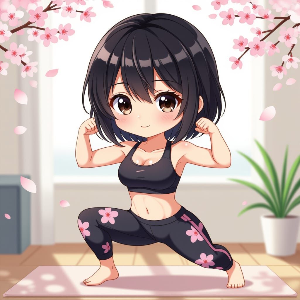 Anime Chibi Woman Doing Pushups in Sakura Pants