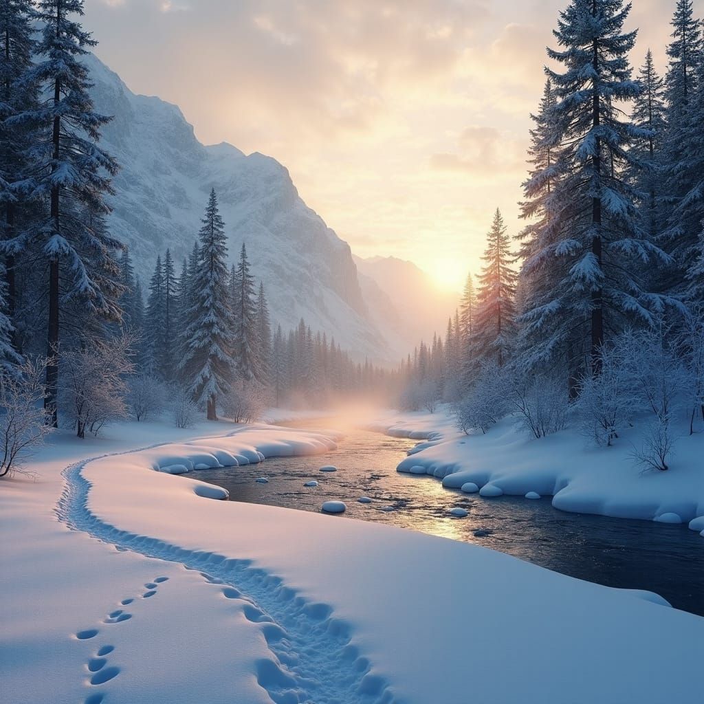 A breathtakingly beautiful hidden valley surrounded by towering, mist-covered emerald mountains. A crystal-clear turquoise river winds gentl... - Start Image 2