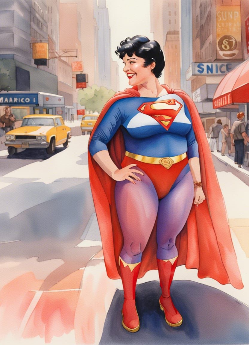 a watercolor painting of a  plus-size smiling supergirl from...