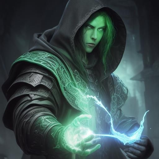 male necromancer, hood, green runes