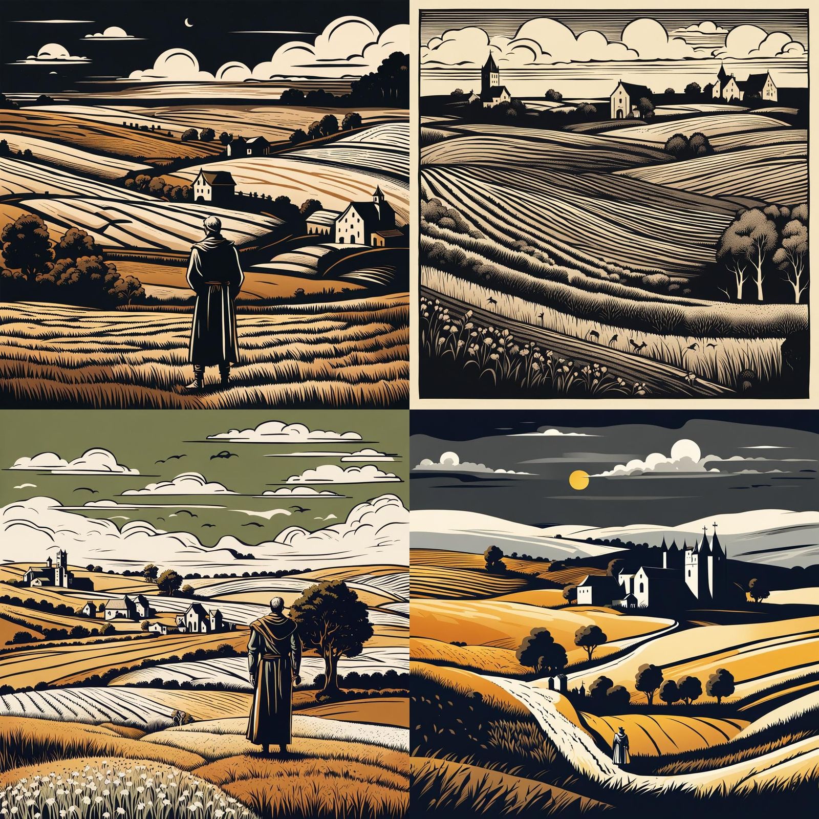 (simple colors) (high contrast) illustration dark middle age...