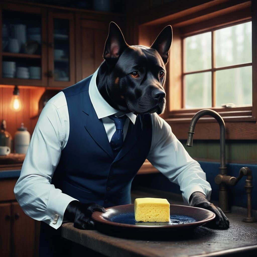 Canine Server Expertly Scrubs Plate in Rustic Sink