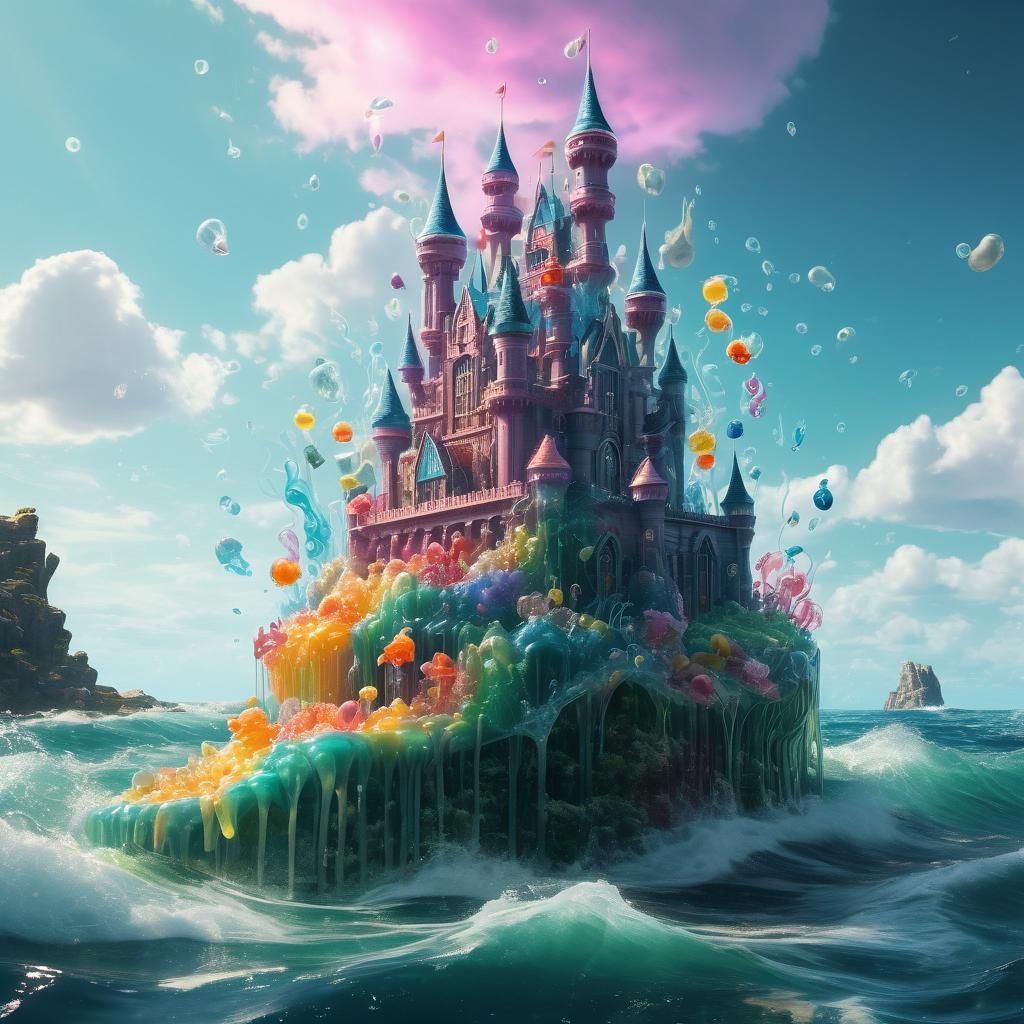 A whimsical jelly castle towering high above the ocean waves...