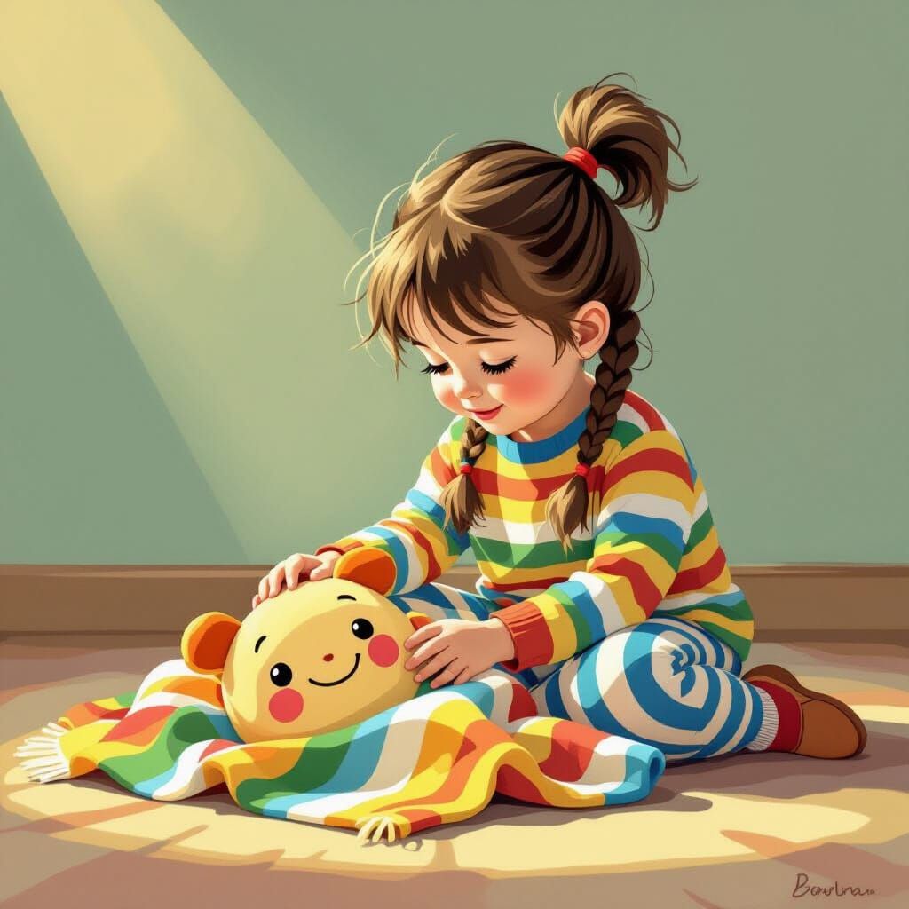 Whimsical Boy in Striped Pants Plays with Smiling Blanket