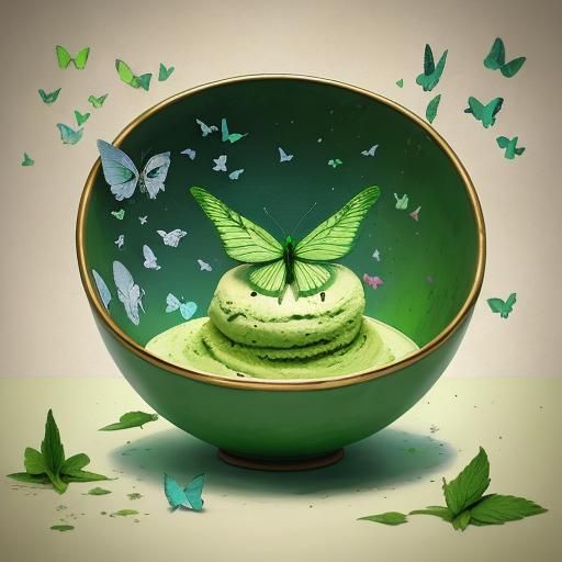Matcha mint ice cream in a bowl with green butterflies.