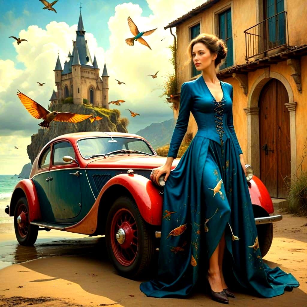 Medieval Lady in Surrealist Dreamscape, Color Ink Art