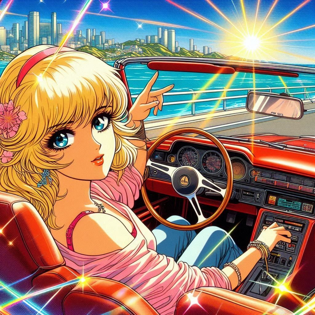 a 1980s anime style image of a blonde haired woman fashion m...