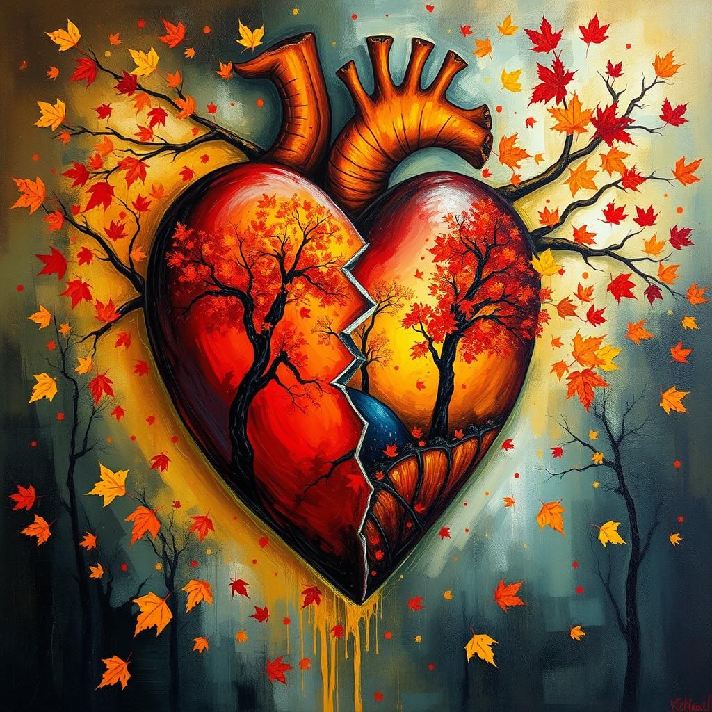 a unique abstract artwork of a heart broken in half, Autumn ...