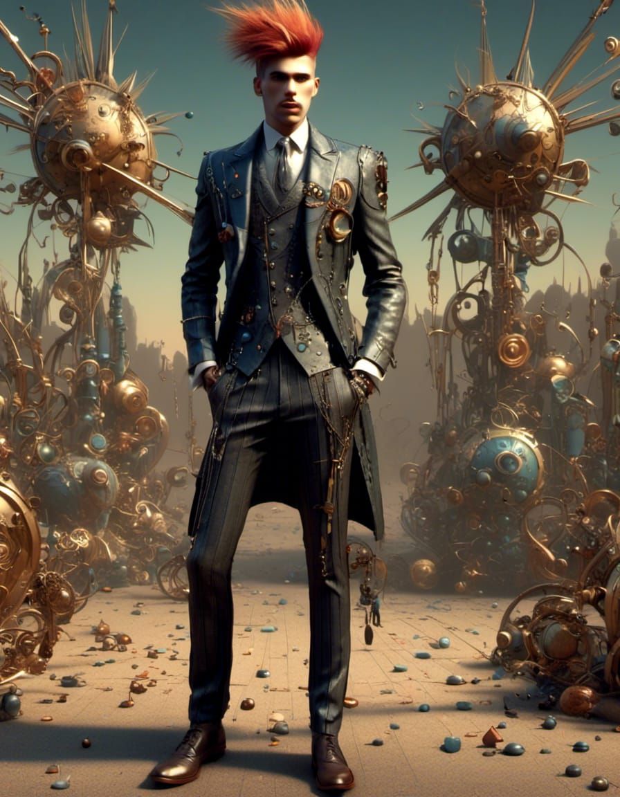  <lora:Art Nouveau Punk:1.0> punk man in a suit, 3D shading, shadow depth, volumetric lighting 