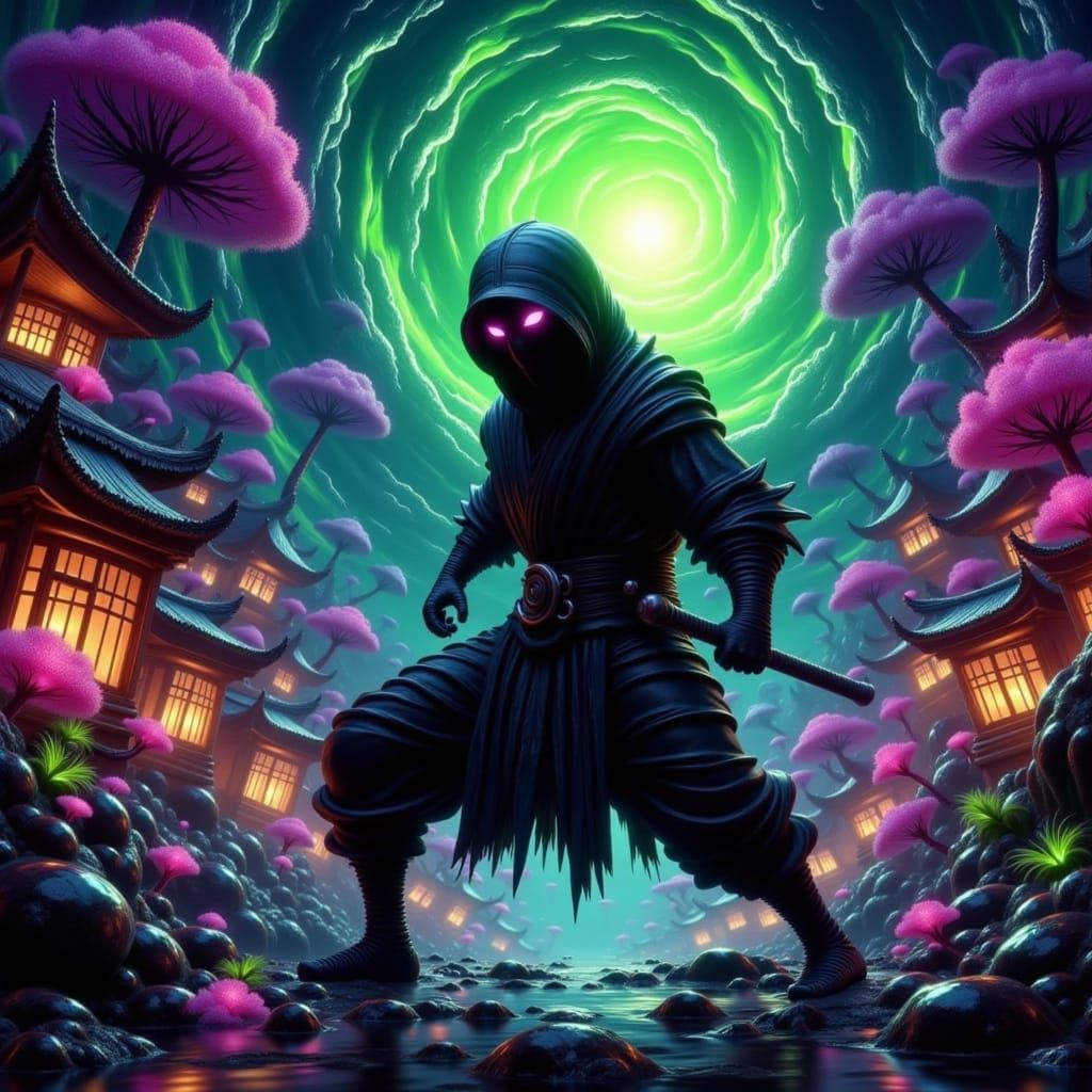 Ninja warrior, dressed in traditional black attire, mask covering face, sneaking through Japanese village at dusk, inspired by the styles of...