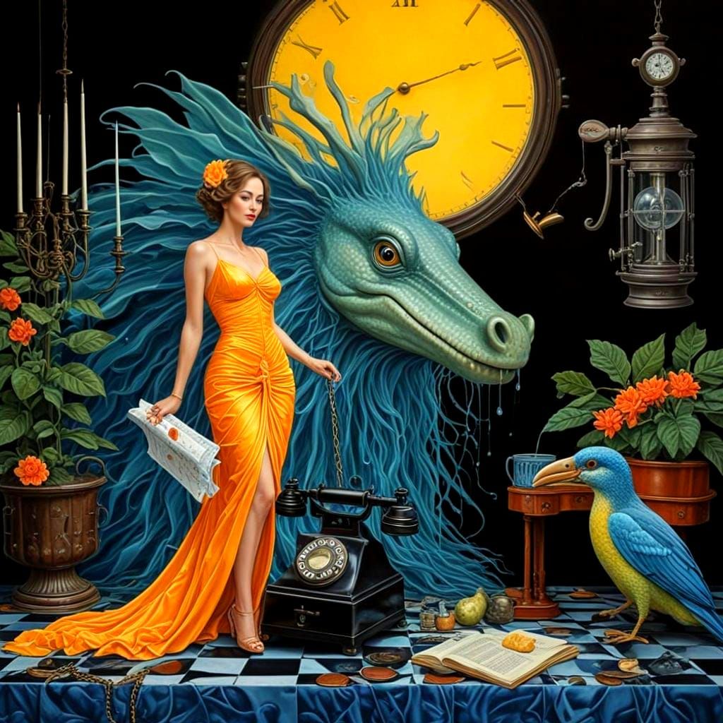 Surrealistic Vision of a Happy Lady in a Whimsical Scene