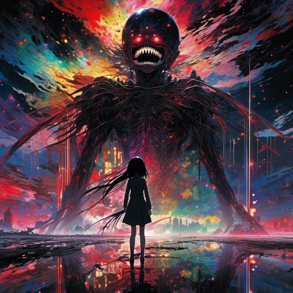 <lora:Barf:0.8> Kill la kill, hyperdetailed very dark surreal and atmospheric disintegrating scenery, black, vibrant perfect blur motion wi...