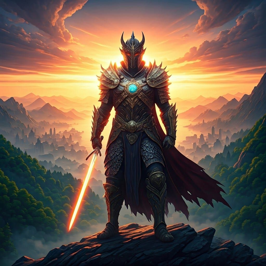 Majestic Warrior Amidst Mystical Landscape in Golden Sunset