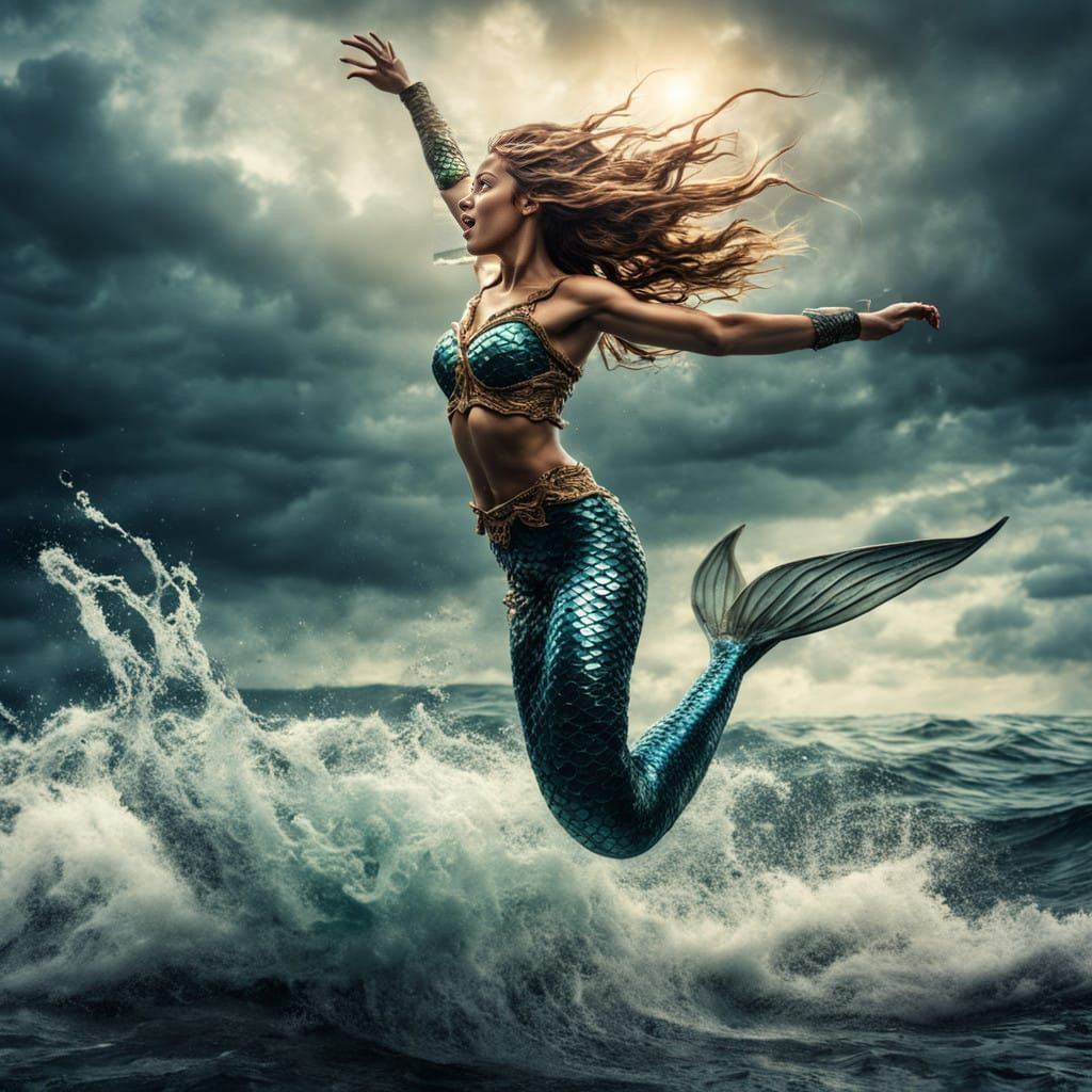Mermaid jumping out of the sea - Hyperrealistic Mermaid Emer...