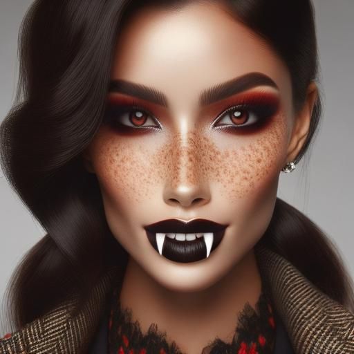Fangs, <lora:SapphVampires:1.0> Vampire, Gorgeous modern vampire professor, tweed coat, Covered in freckles, Flawless skin, Hyperrealistic,...