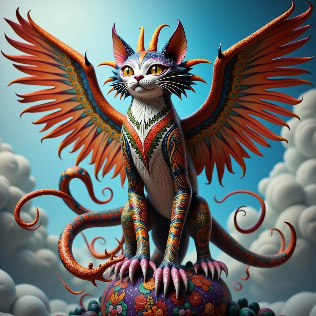 kitten-eagle-dragon-squid Hybrid creature <lora:Alebrije Creatures:1.0> Figurine surreal