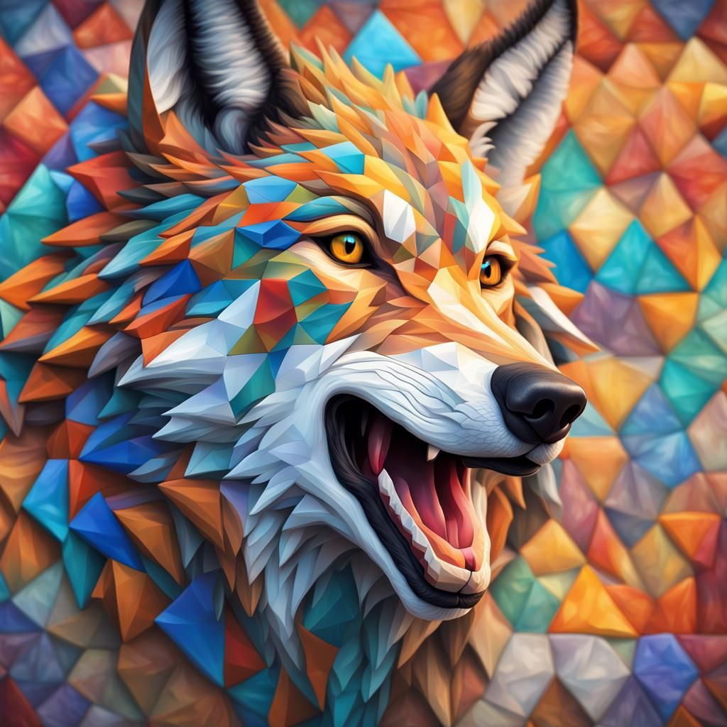 Create an image of a friendly wolf's face up close. The subj...