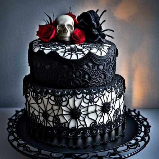 A goth gourmet cake made by a goth girl, intricate oil paint...