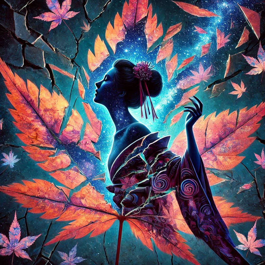 Double exposure Geisha and maple leafs