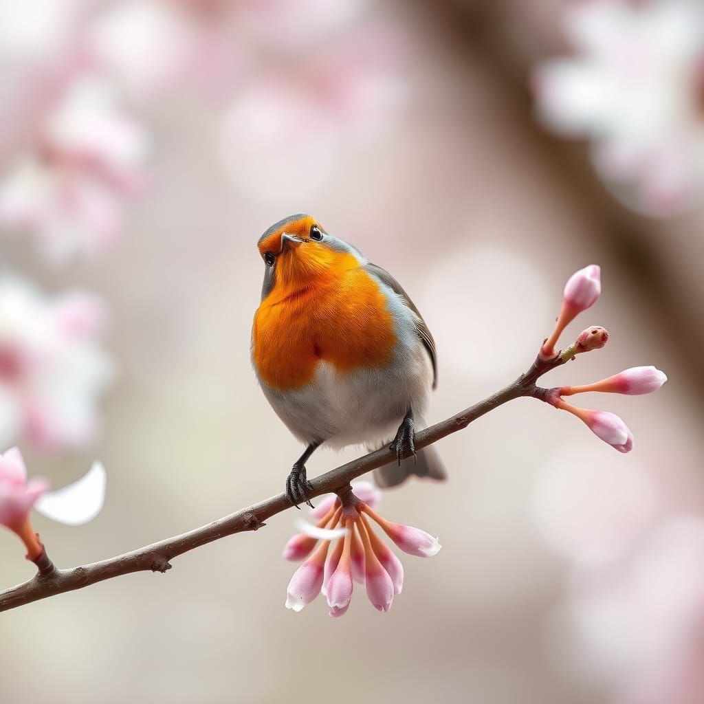 European Robin on Cherry Blossom Branch, Hyperrealistic Phot...
