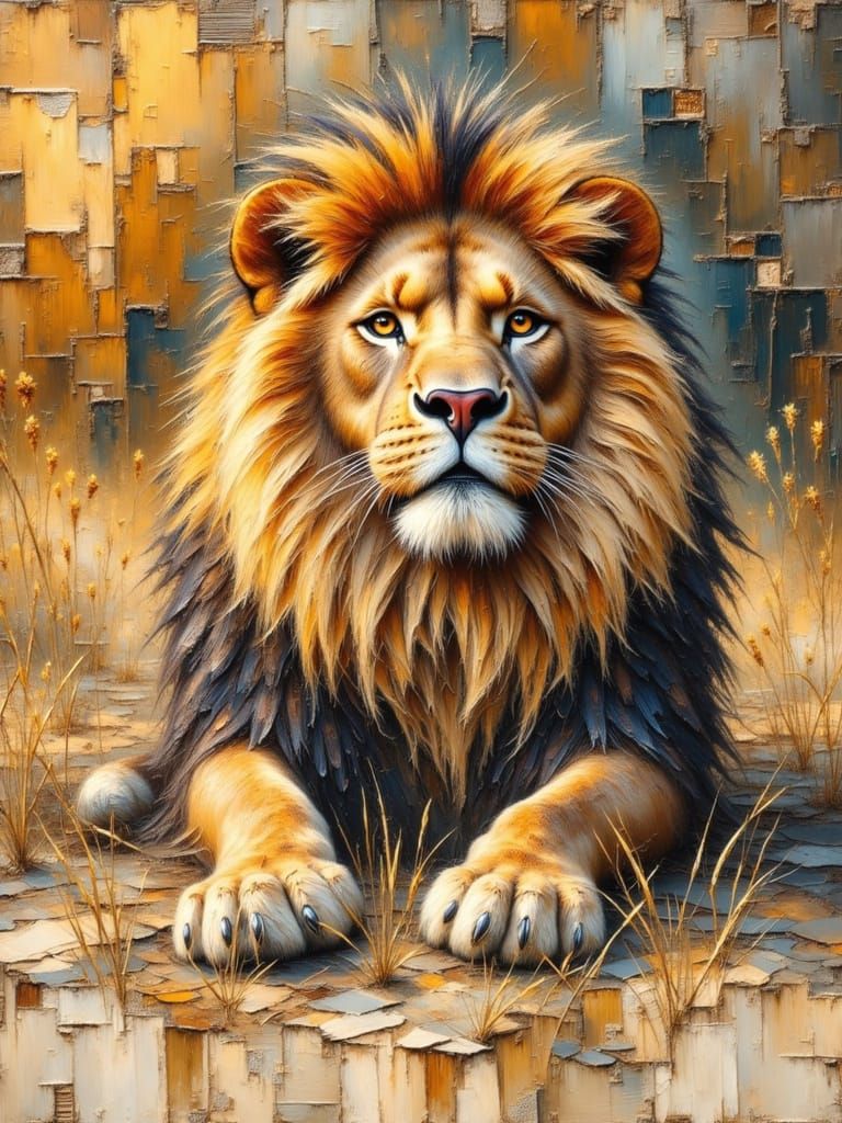 <lora:Earth and enamel:1.0> Impasto, 3-D Textured, Heavy Brushstrokes :: regal lion poirtrait :: <lora:ImpastoFlux:1.0> :: <lora:Earth and r...