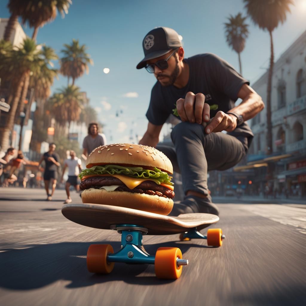 ridingd skateboard in the venice beach eating a burguer