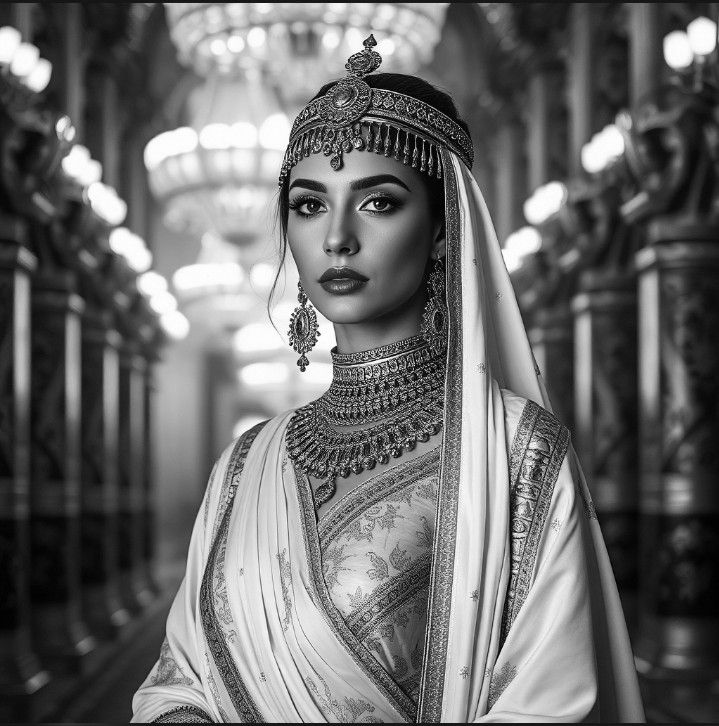 Elegant Egyptian woman adorned in traditional jewelry stands...