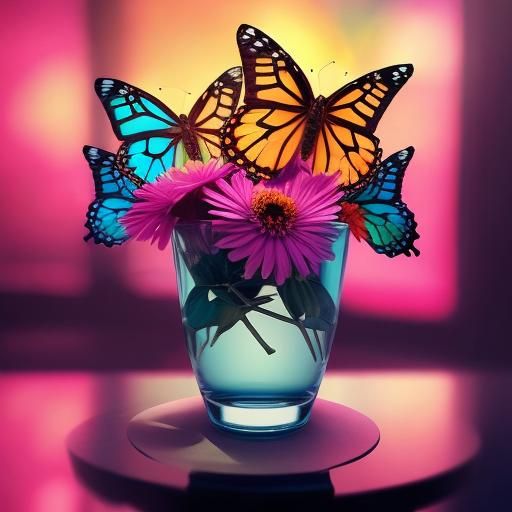 Butterflies flying in a glass cup with flowers pretty detail...
