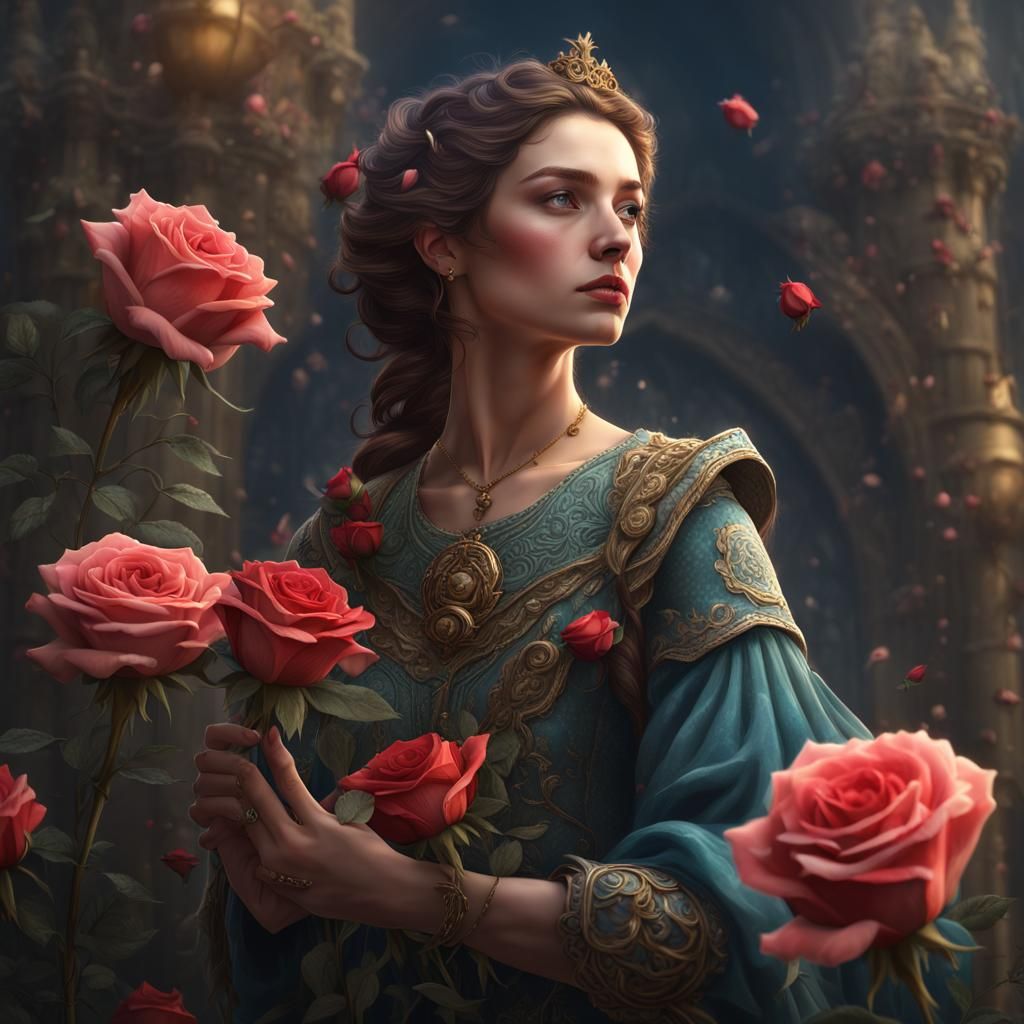 Lady with roses on her hand, side view face, natural anglical, innocent ...