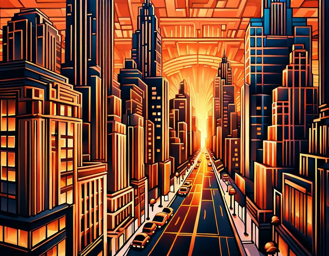 view of the street of art deco skyscrapers