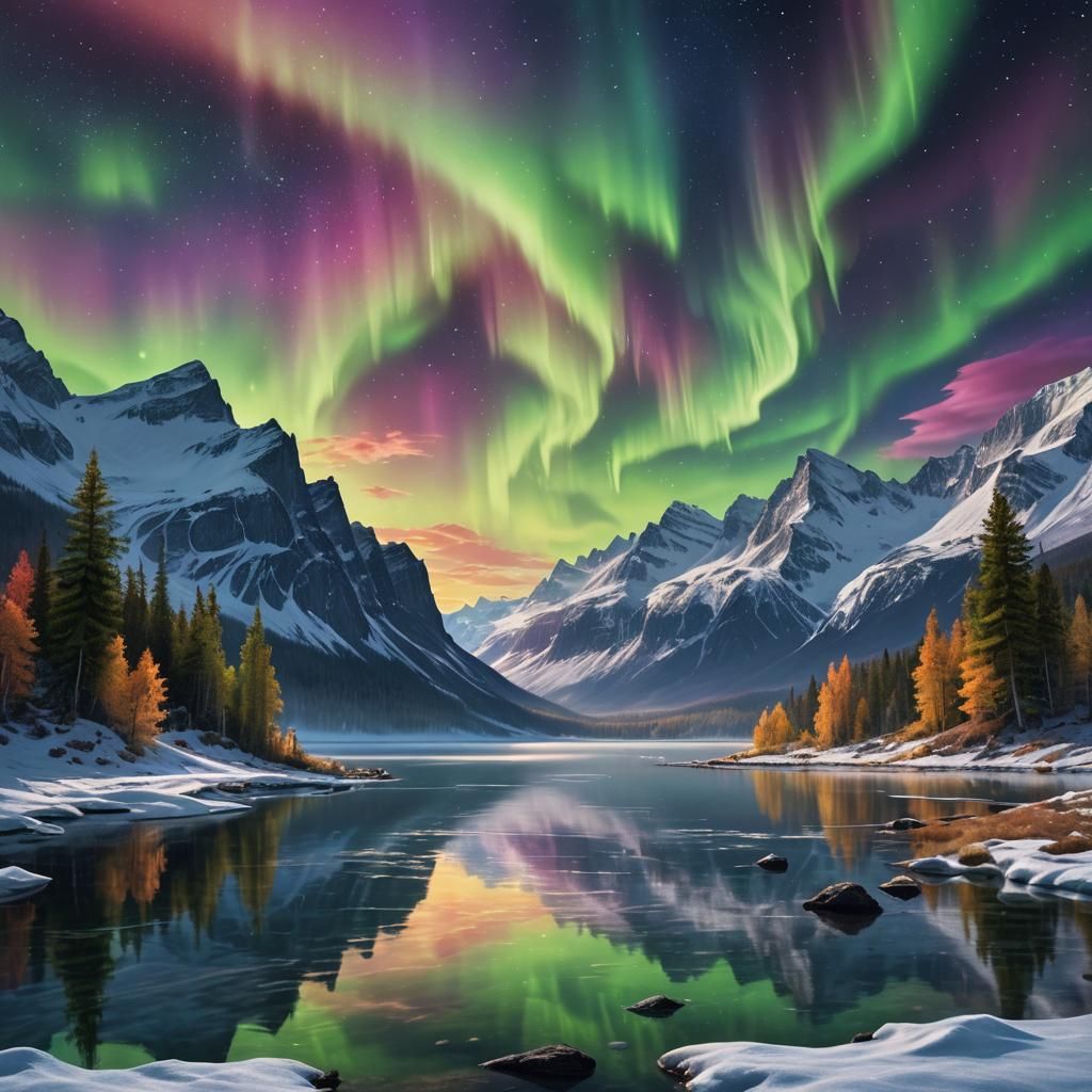 Aurora Borealis Over Mountain Lake: Digital Matte Painting
