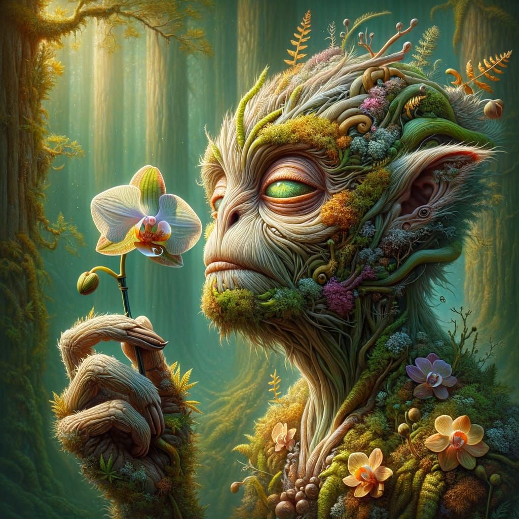 Anthropomorphic Fern Creature Smelling an Orchid