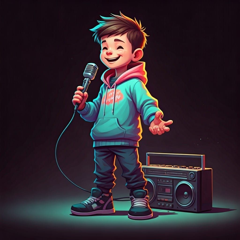 Boy Rocks Out with Retro Microphone in Neon Digital Art