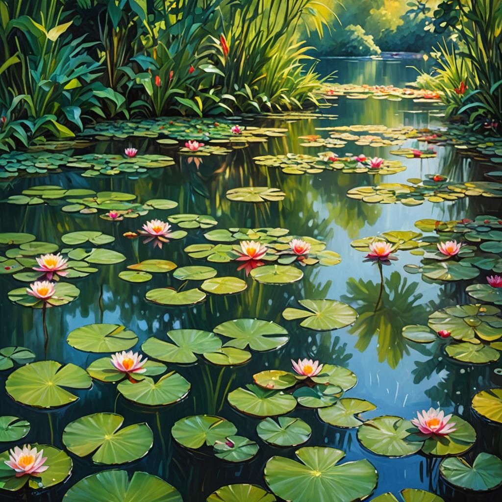 beautiful botanic garden with lush plants and water reflections, devoid