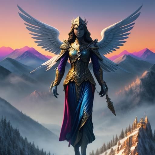 Archangel on Mountainside in Oil Painting Style