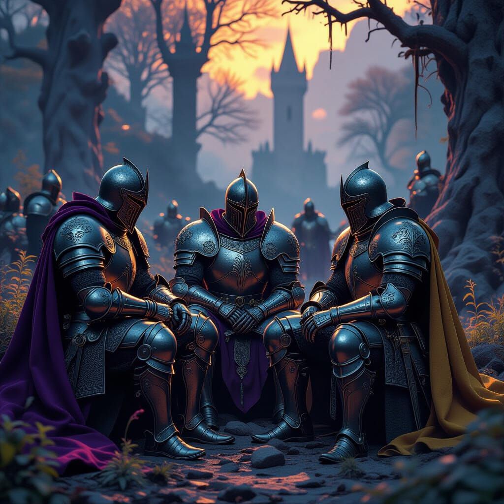 A lone knight in ornate, celestial-patterned armor stands on a shattered obsidian plateau, gazing up at a fractured nebula that bleeds into ... - Start Image 1