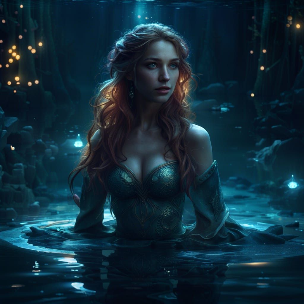 ethereal night picture of beautiful mermaid in waist high enchanted pond  shimmering moonlight a masterpiece, ...  by @SilverSeasons