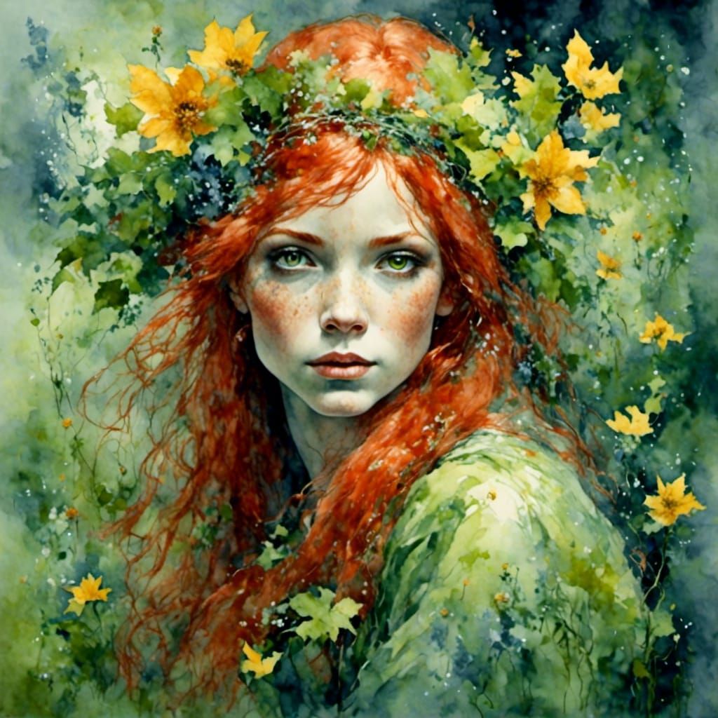 Red hair green eyes<lora:Little Fairies:1.0>