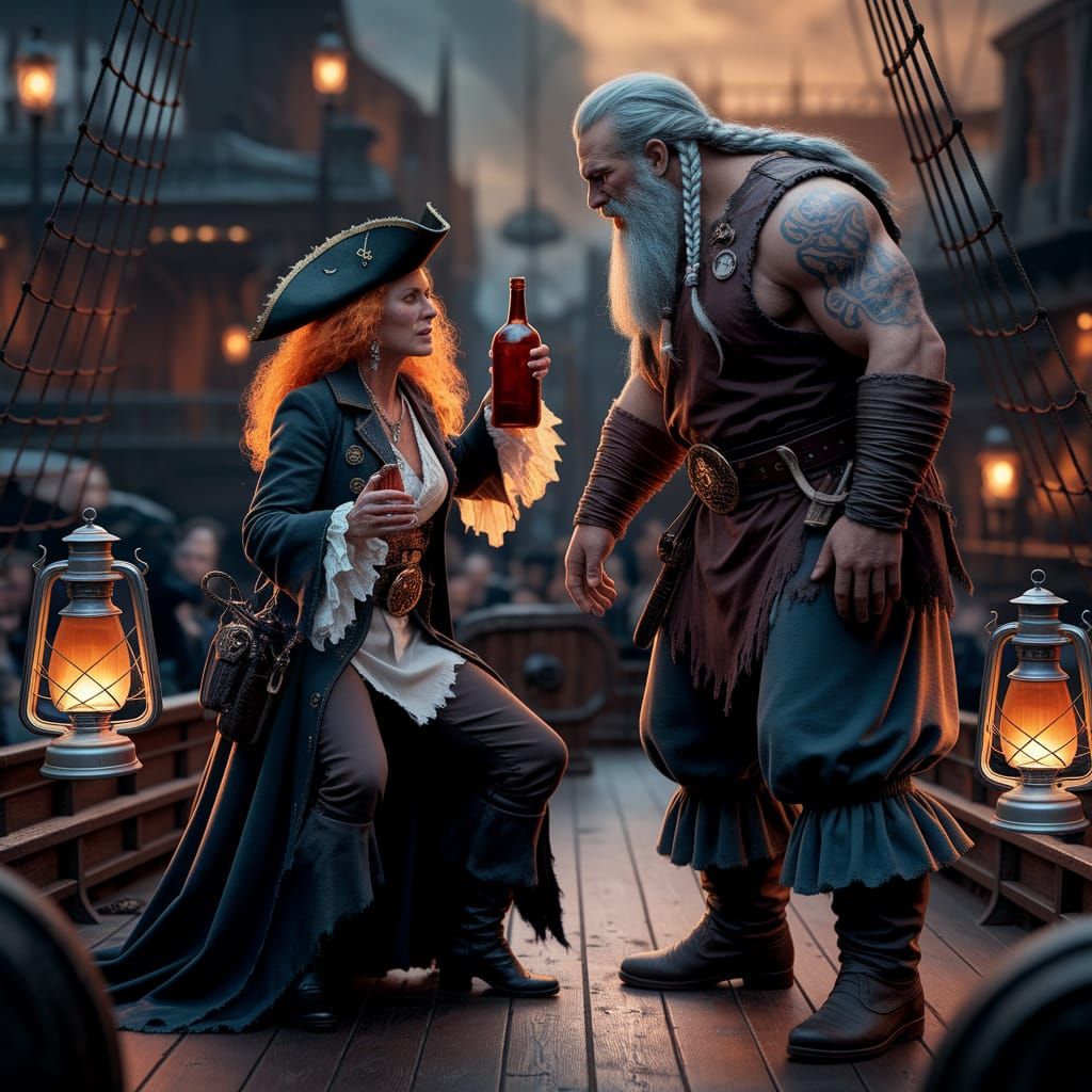 An old woman pirate captain stands drunk on the deck of her ship, holding a bottle of rum. She has a ...  by @Lintumila Manonka