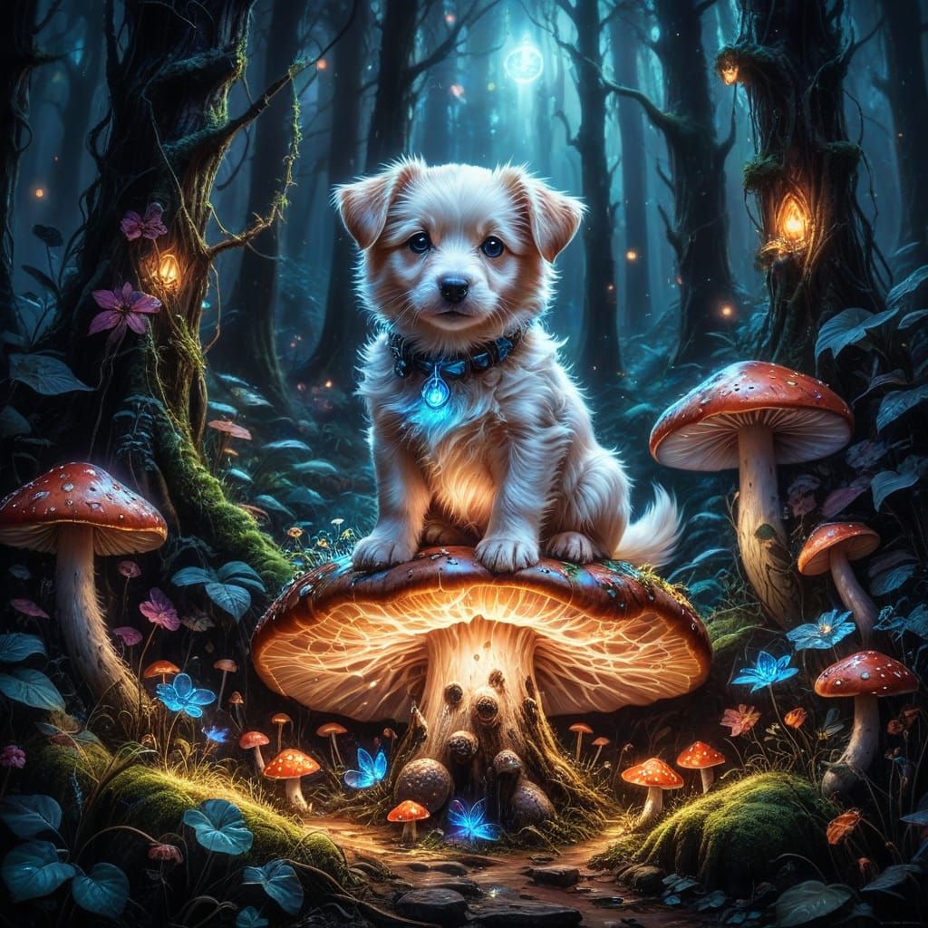 Puppy on Glowing Mushroom 🍄✨