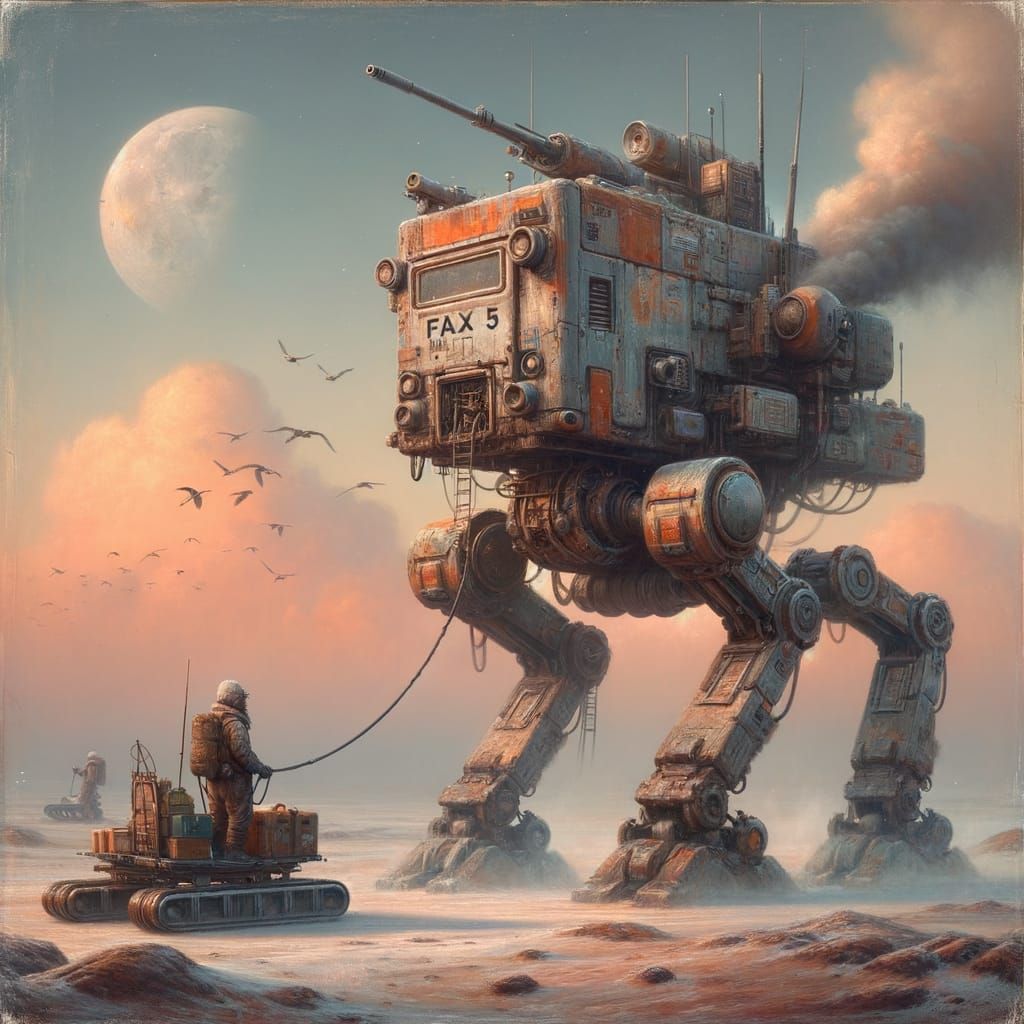 A weathered, rust-streaked mech  by @Jarka Carta