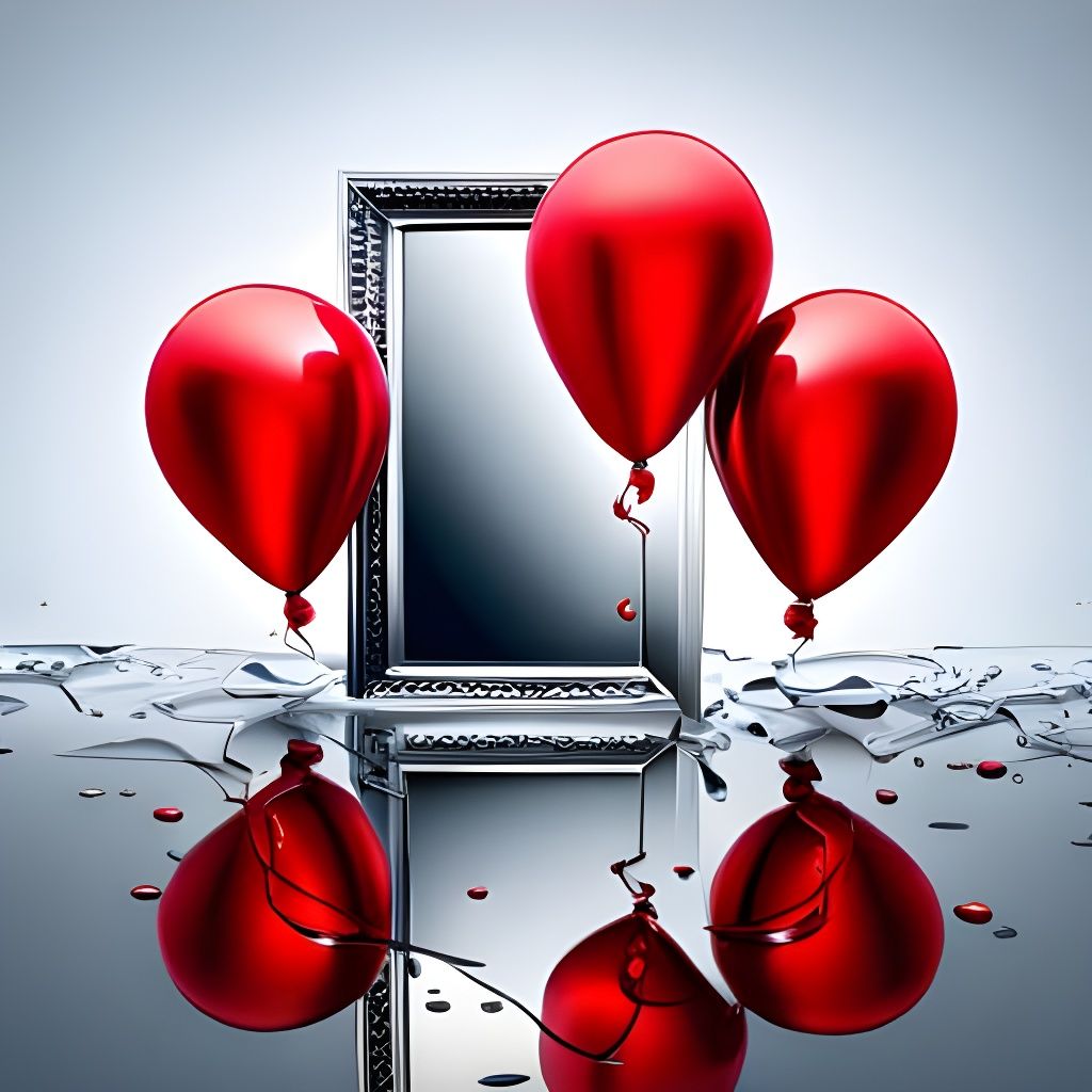 Red balloons reflected in broken mirror pieces, deep color, ...