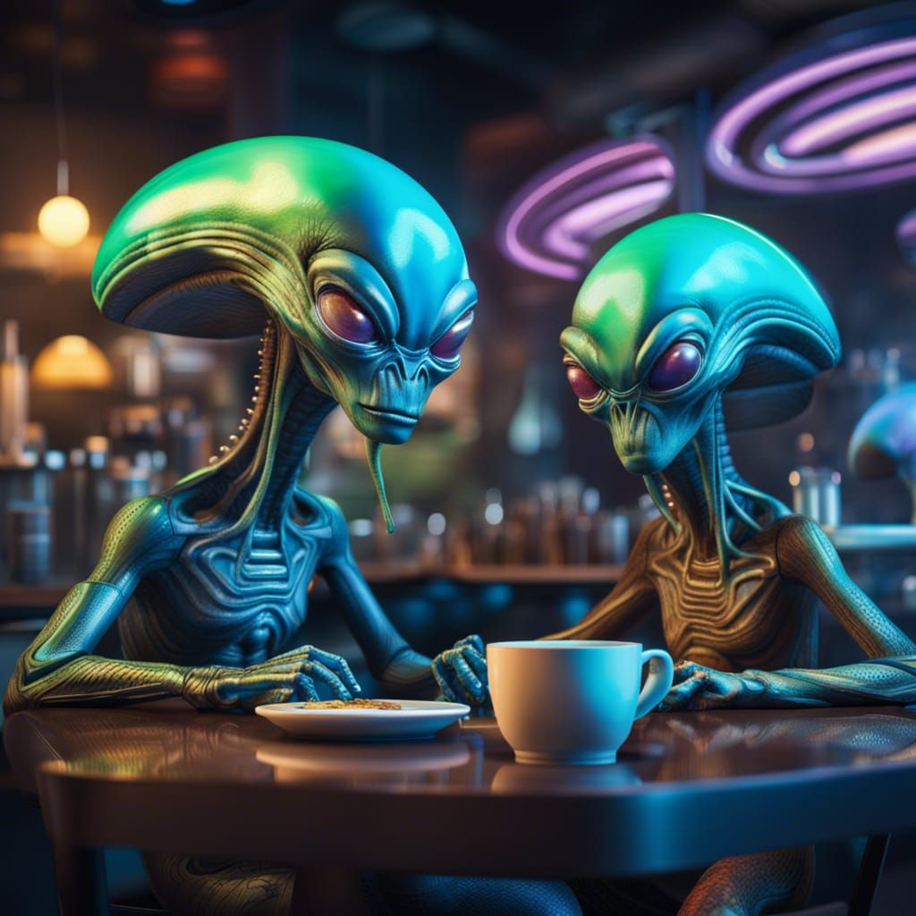 Funny lookalike aliens are having coffee in a modern, futuristic coffee shop   by @19ck3d79