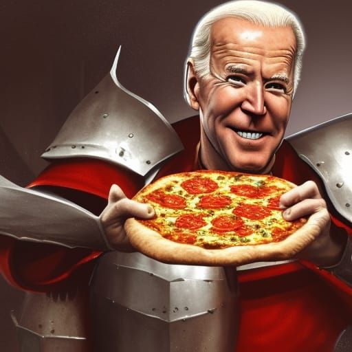 Joe Biden holding pizza in knight armor