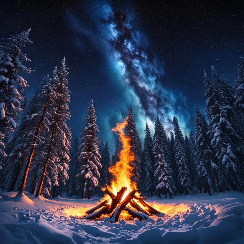 Fiery Galaxy in Snowy Forest