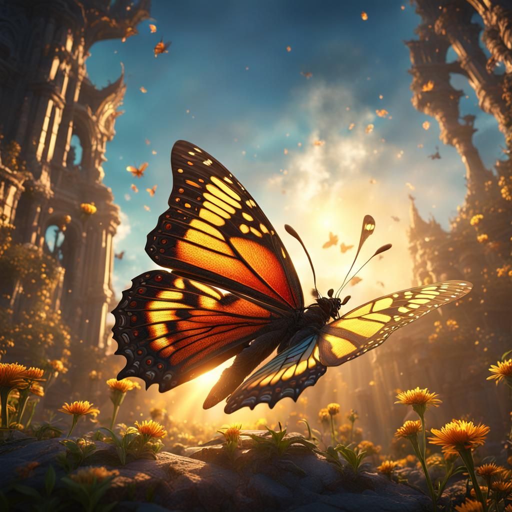 A gol butterfly with the sun shining on it