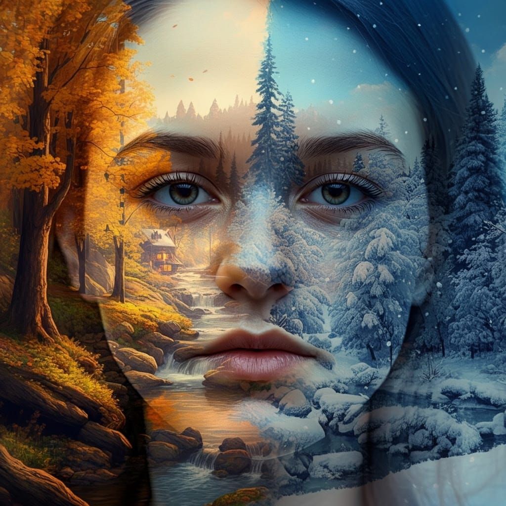 captivating artwork using a double exposure effect that merges a human face with a seasonal transition ...  by @HarrietM