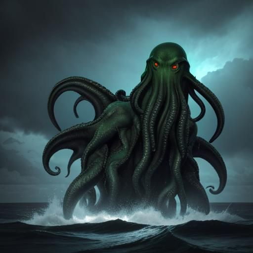((Cthulhu)), ominous, terrifying, orange glow, light blue tr...