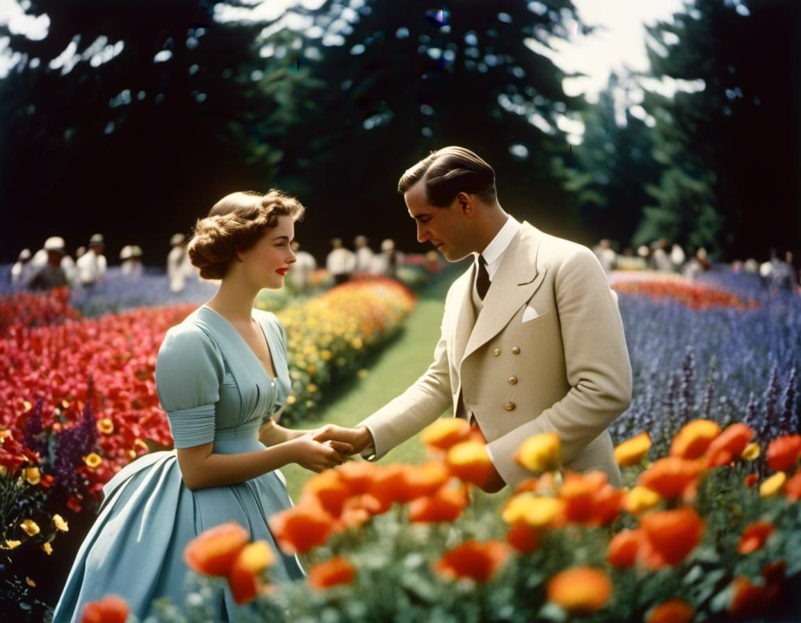 Sof focus, Woman and man in a colorful garden, blooming flowers, soft bright sunlight, circa 1900, autochrome border around photo <lora:Auto...